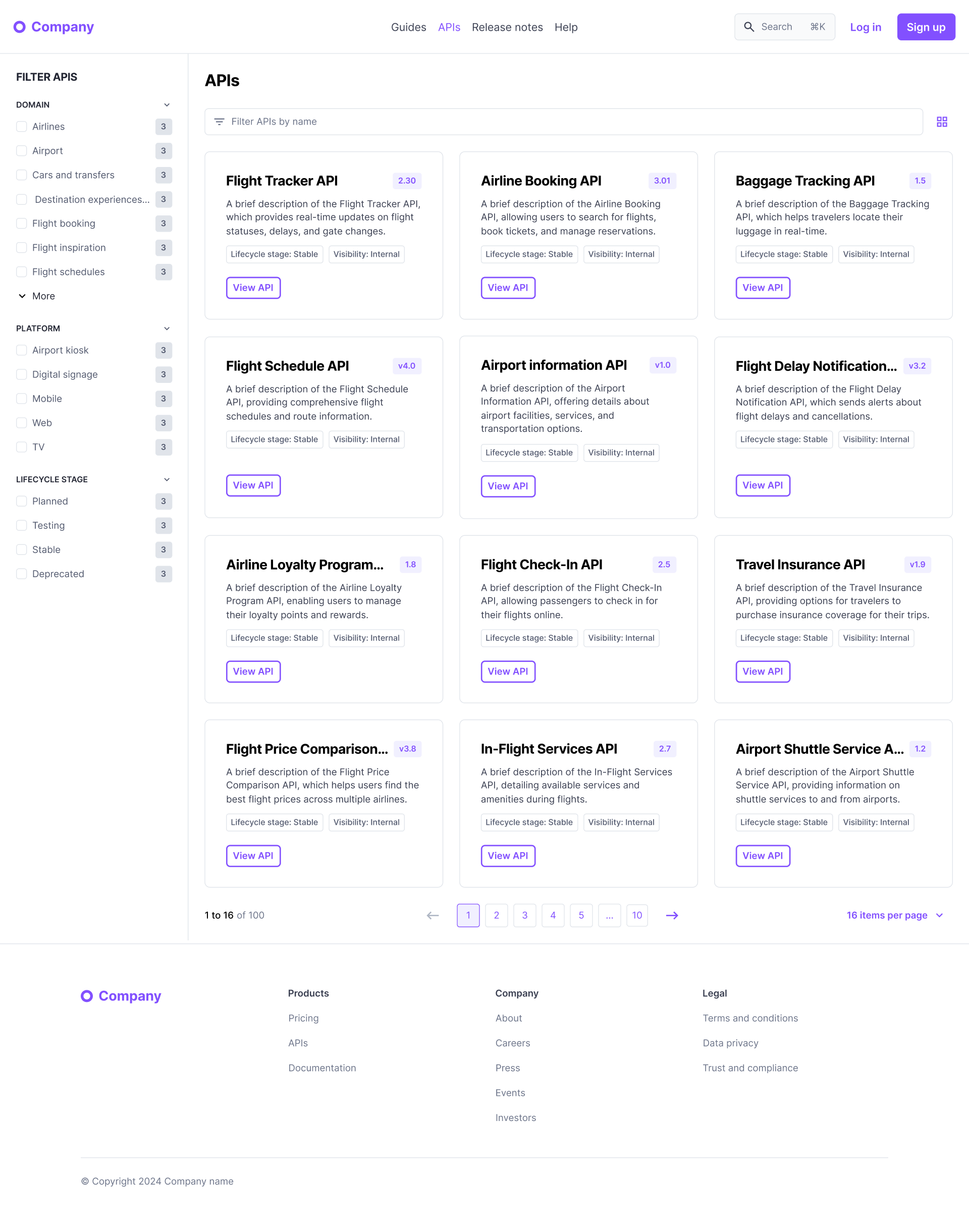 Developer portal APIs page