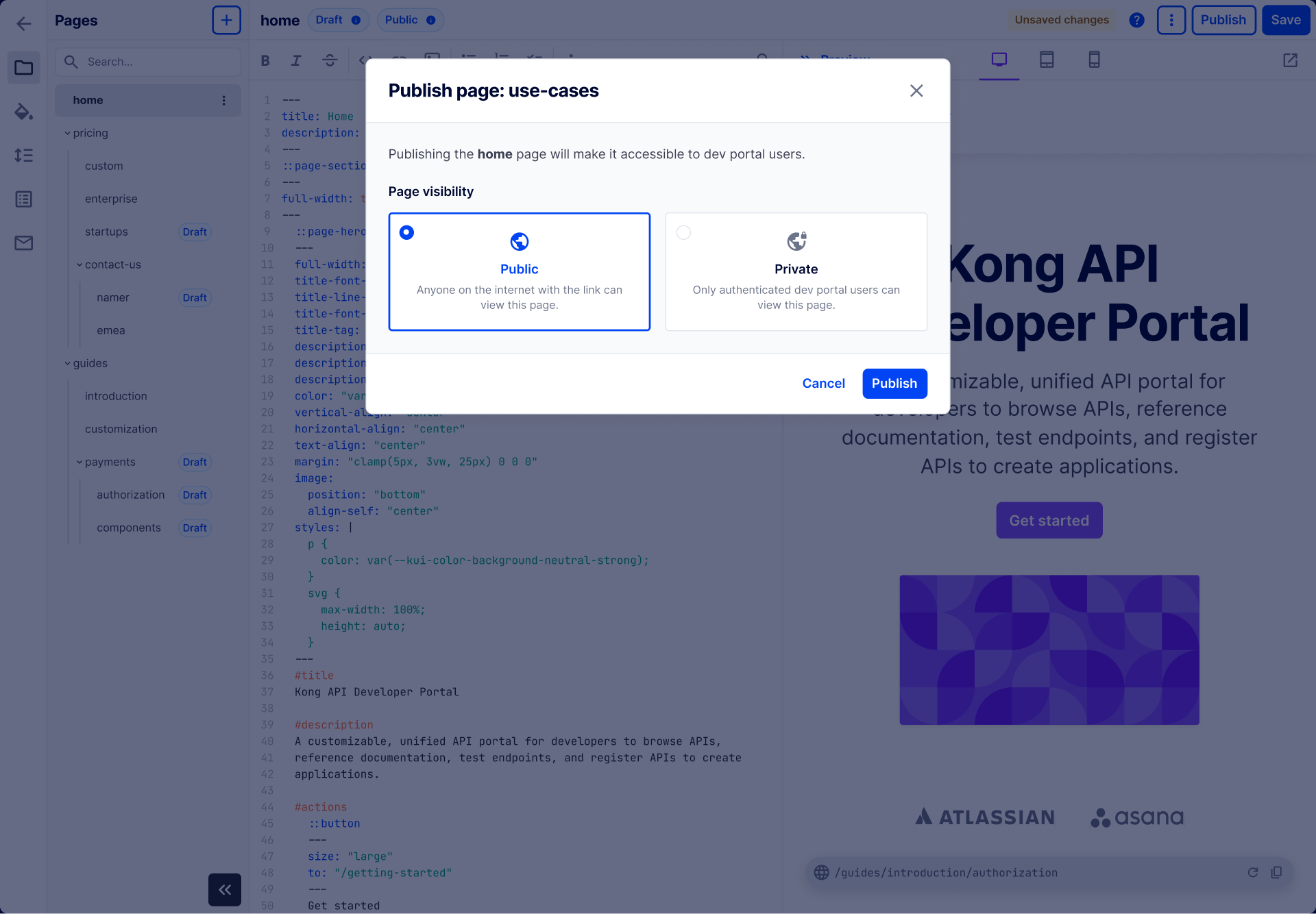 Publish page settings
